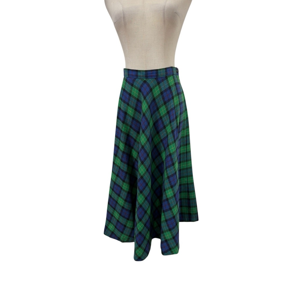 Vtg 70s Green Blue Plaid A Line Midi Skirt Wool Blend 27"w Preppy‎ RL Christmas